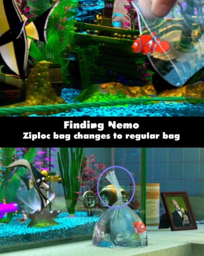 "Funny movie mistake in Finding Nemo, a Ziploc bag changes to a regular bag in an aquarium scene."