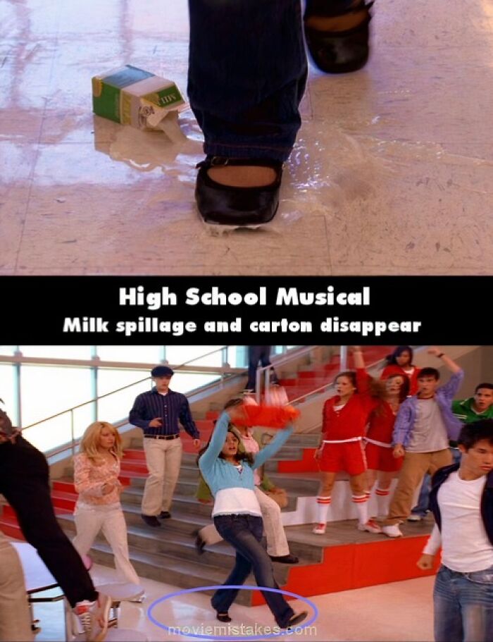 Funny movie mistakes: a milk carton on the floor disappears in the next scene of High School Musical.