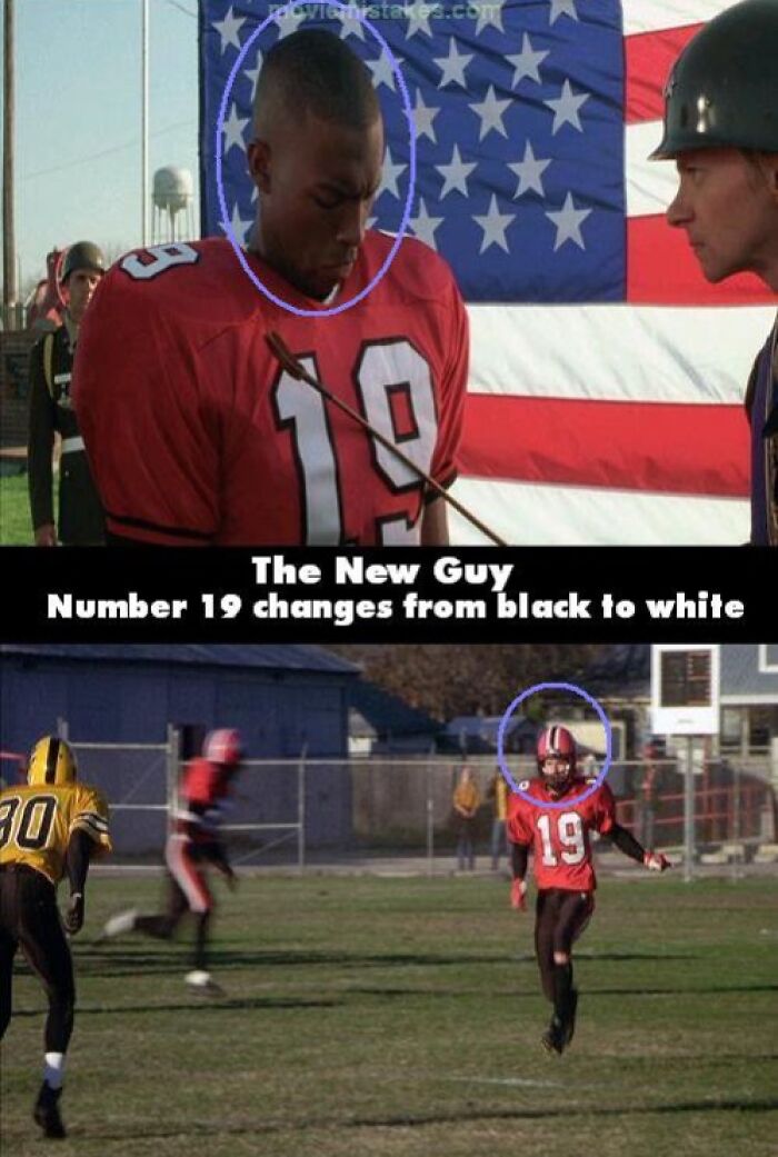 Funny-movie-mistakes: Player number 19 changes actor in a scene from "The New Guy," highlighting continuity error.