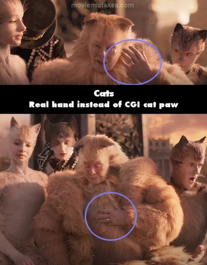 Actors in cat costumes with visible human hand mistake, highlighting funny movie mistakes.