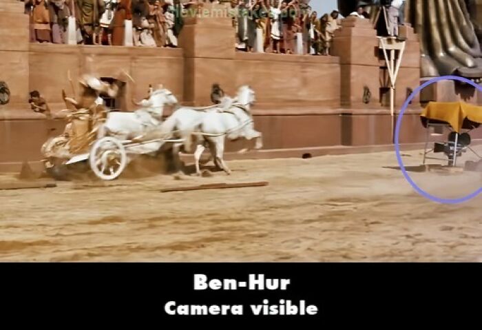 Camera visible on set during Ben-Hur chariot race scene, highlighting funny movie mistakes.