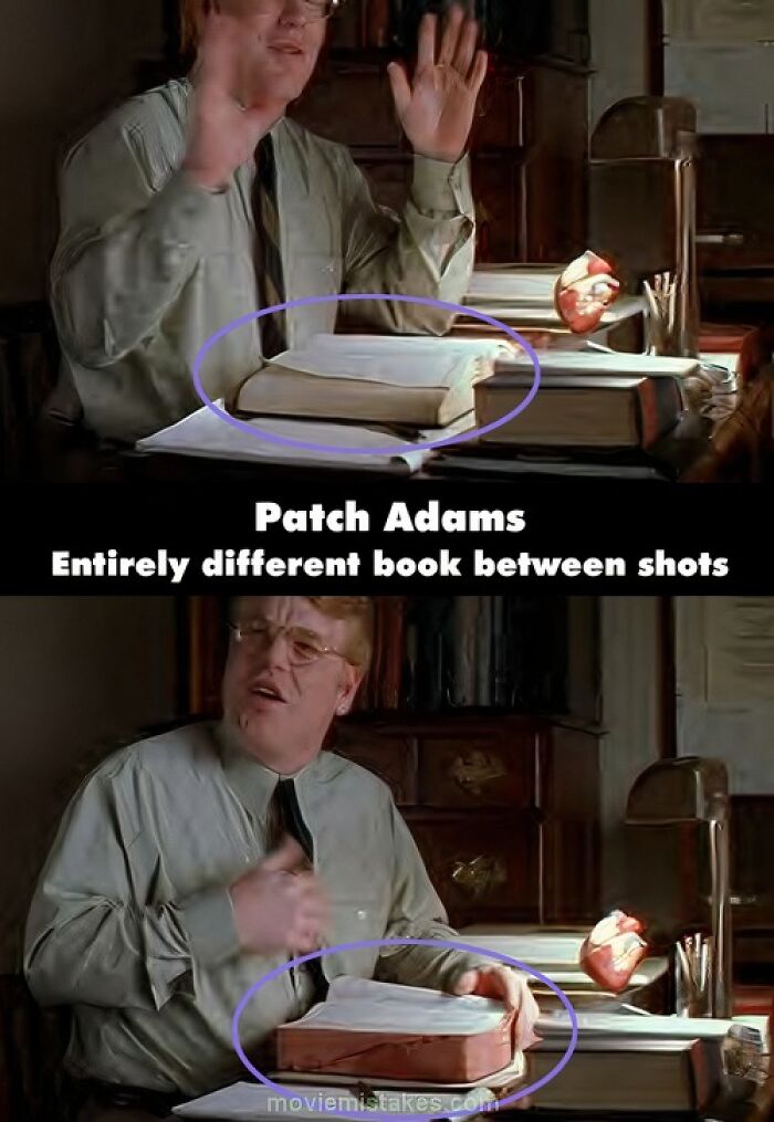 Man at desk with two different books in separate shots, highlighting funny movie mistakes.