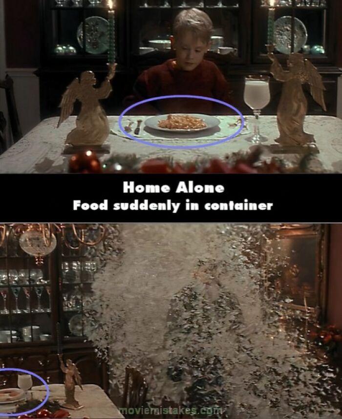 A funny movie mistake from "Home Alone" showing a dining error with food placement.