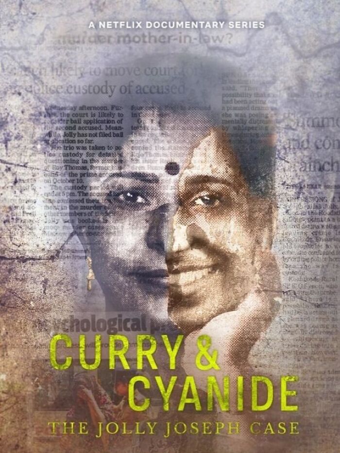 Documentary poster for true crime series "Curry & Cyanide" with a split image of a woman's face.