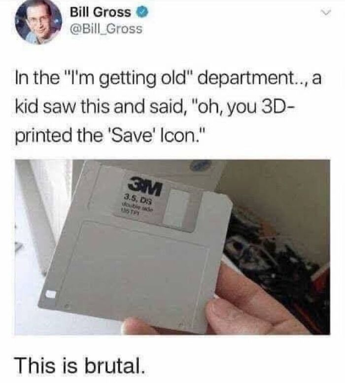 Nostalgic meme featuring a tweet about a floppy disk mistaken for a 3D-printed "Save" icon by a kid.