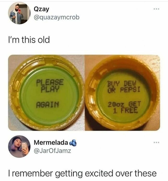 Nostalgic memes: two yellow soda bottle caps with text about winning a free drink.