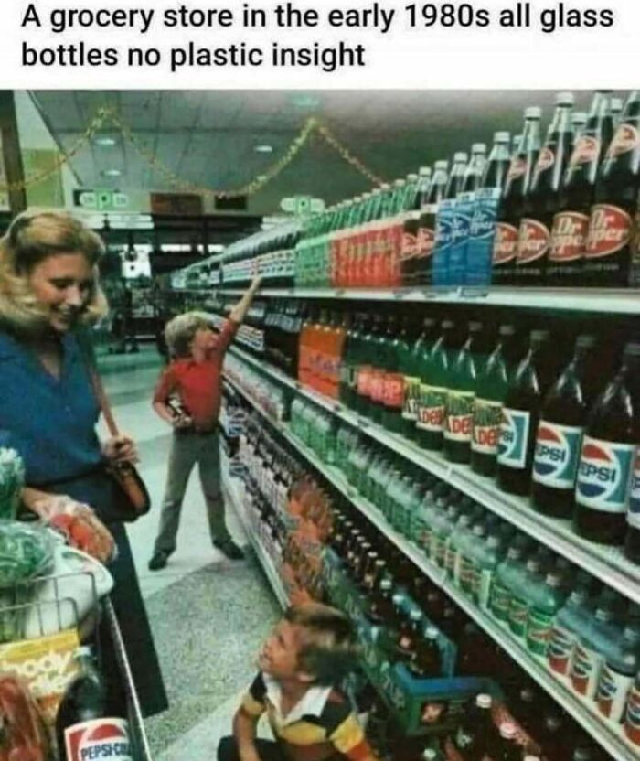 Nostalgic scene of a 1980s grocery store aisle filled with glass soda bottles, a mother and two children shopping.