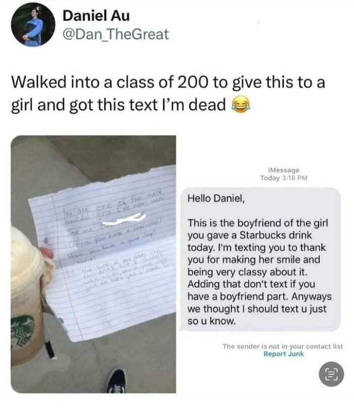 Kindness captured: Starbucks drink and heartfelt handwritten note shared in a classroom setting.