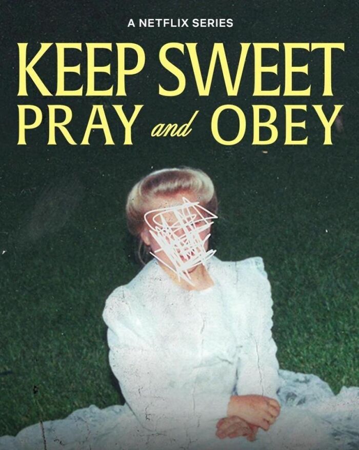 Series poster titled "Keep Sweet: Pray and Obey," featuring blurred subject in white dress, inspired by true crime cases.