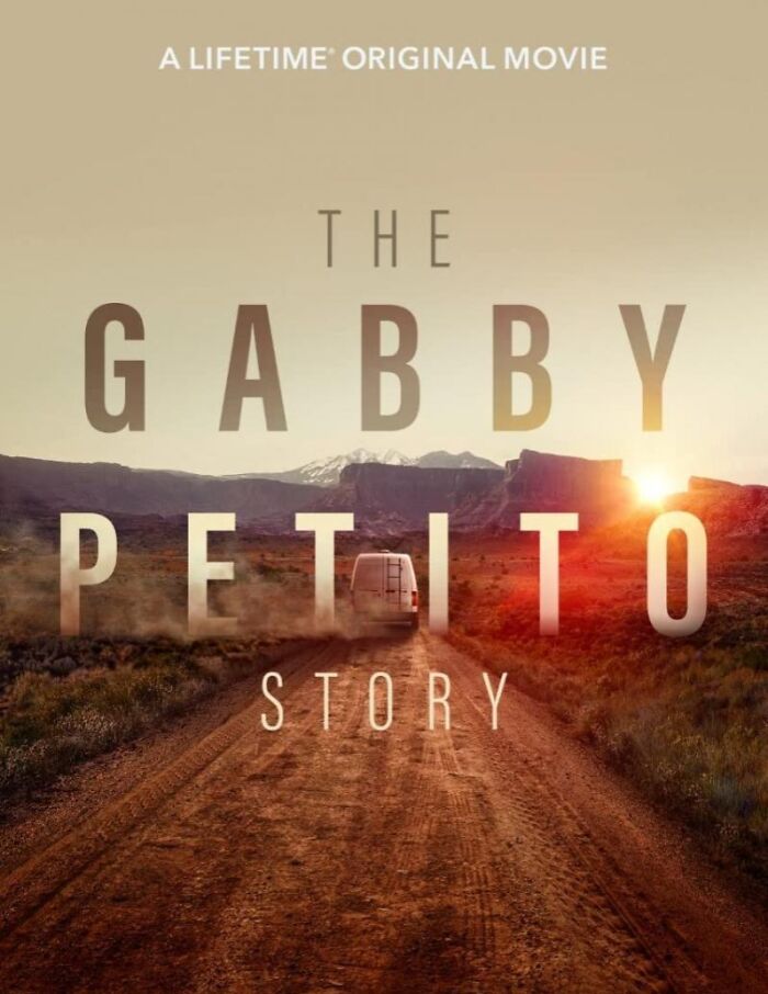 "Movie poster for The Gabby Petito Story with a van on a dirt road at sunset, true crime case adaptation."