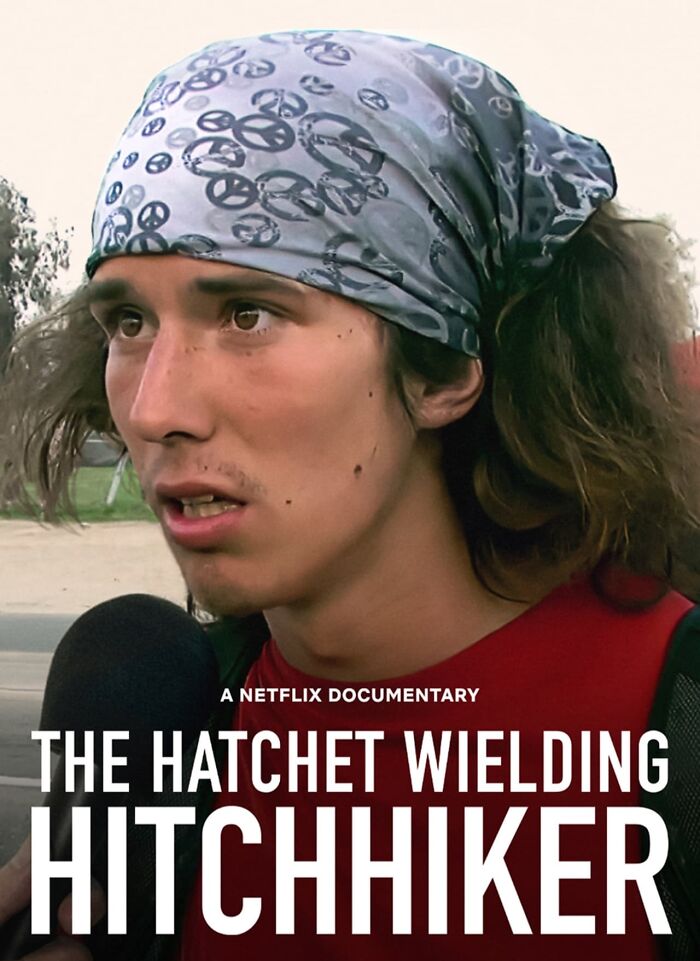 Person in a bandana and red shirt, featured in a true crime documentary titled "The Hatchet Wielding Hitchhiker".