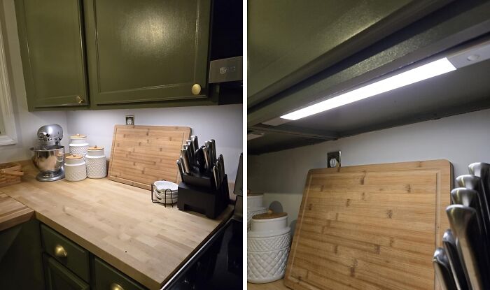 Modern kitchen update with green cabinets, bamboo cutting board, knife set, and under-cabinet lighting.