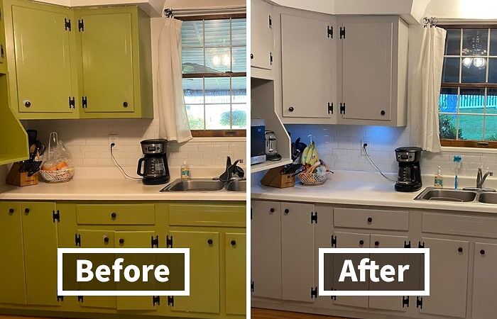 Before and after kitchen update showcasing modern cabinet transformation.