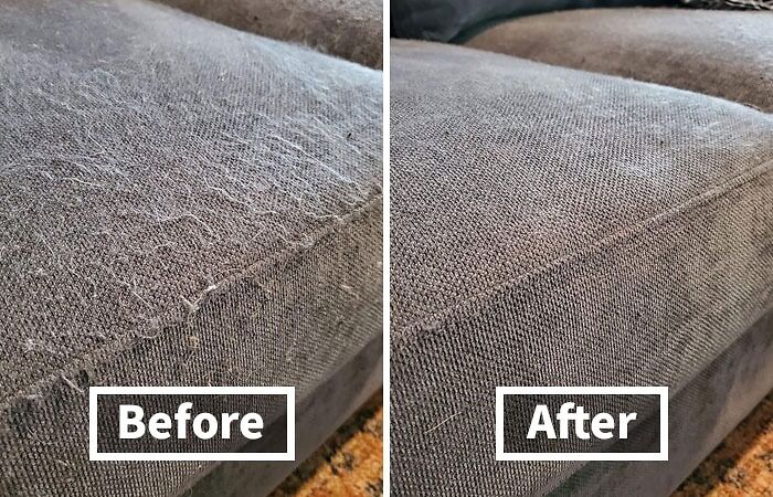 Before and after of a cleaned sofa cushion, showing the transformation to a modern look.