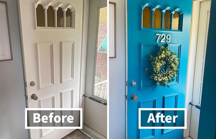 Apartment upgrade with door transformation: plain white to vibrant blue with wreath.