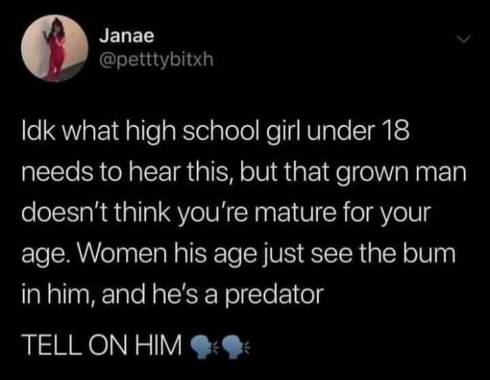 Text post calling out predatory behavior towards young girls; a moment highlighting existing kindness and protection.