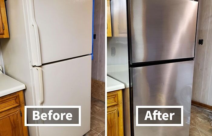 "Updated apartment fridge from white to stainless steel for a modern look."