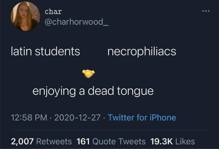 Tweet humorously comparing Latin students and necrophiliacs with a handshake emoji.