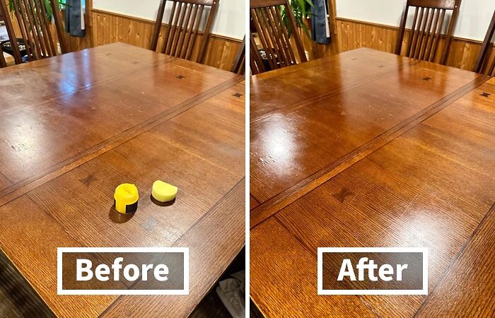 Before and after photo of a wooden dining table, showcasing its refreshed finish to modernize your apartment.