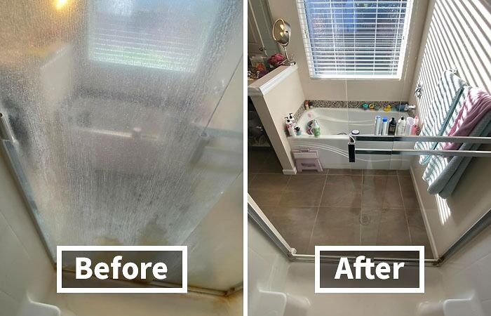 Before and after of a modernized bathroom with a cleaner glass shower and updated tile floor.