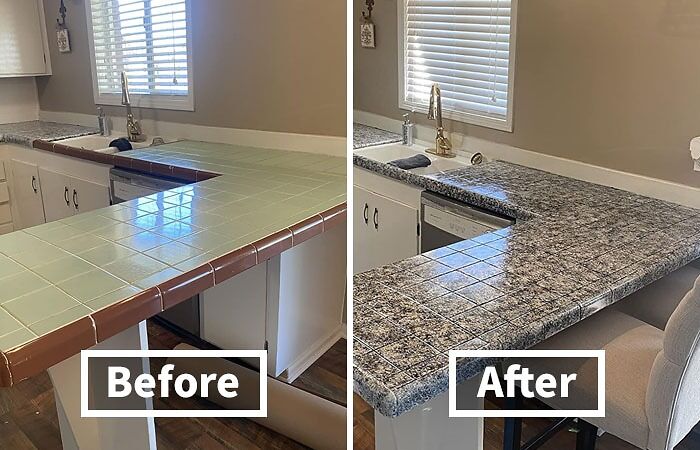 Kitchen countertop makeover with modern granite replacing outdated tiles.