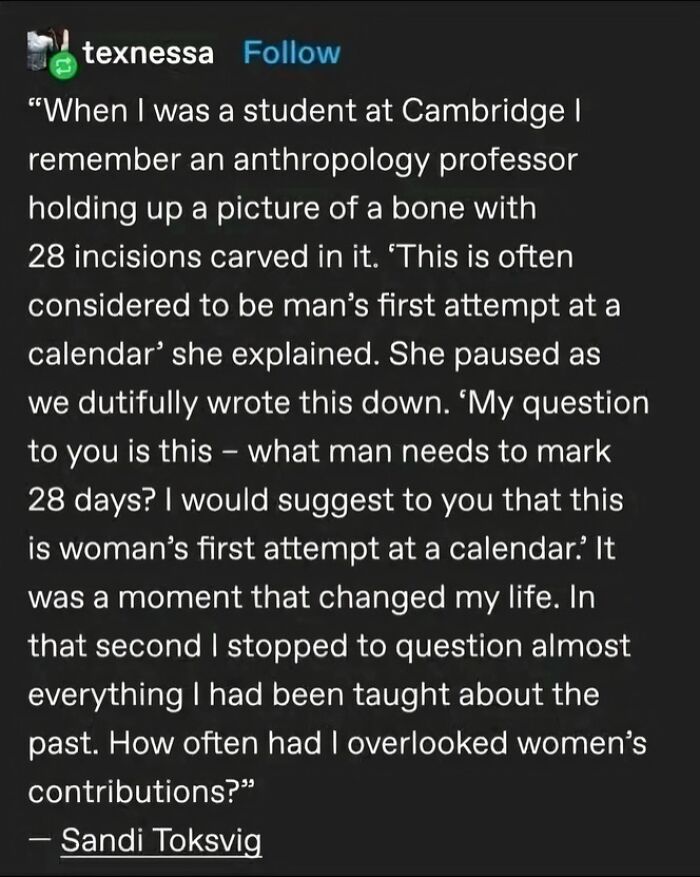 Text from a post about an anthropology class, highlighting a professor's insight on early calendars and women's contributions.