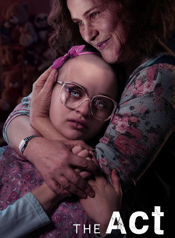 Woman hugging a girl in glasses, promoting a true crime-inspired show titled "The Act."