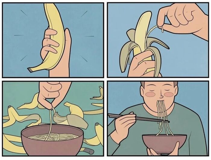 Cartoon of a person peeling a banana to reveal noodles, then eating them with chopsticks.