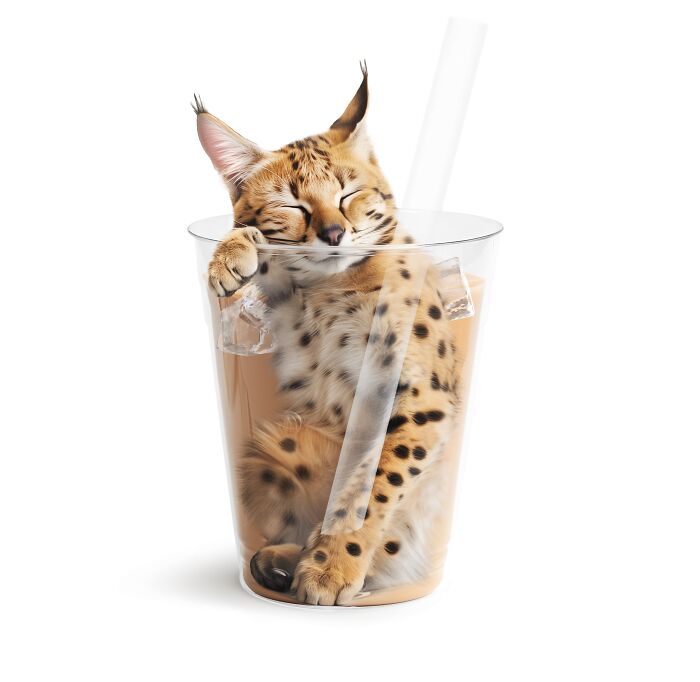 A creative blend of a cat and bubble tea by Taipei artist, featuring a cat lounging in a tea cup with ice and a straw.