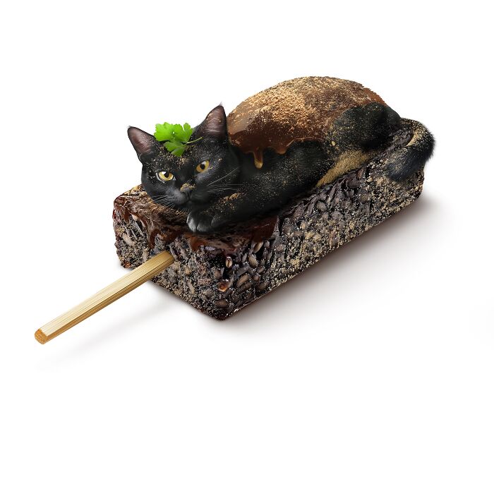 A creative fusion of a cat and food with a black cat lounging on a chocolate dessert stick.