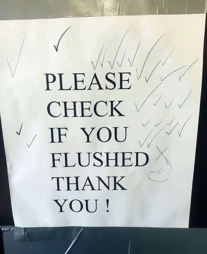 Sign with the text "Please check if you flushed. Thank you!" surrounded by checkmarks, showcasing a linguistic meme.