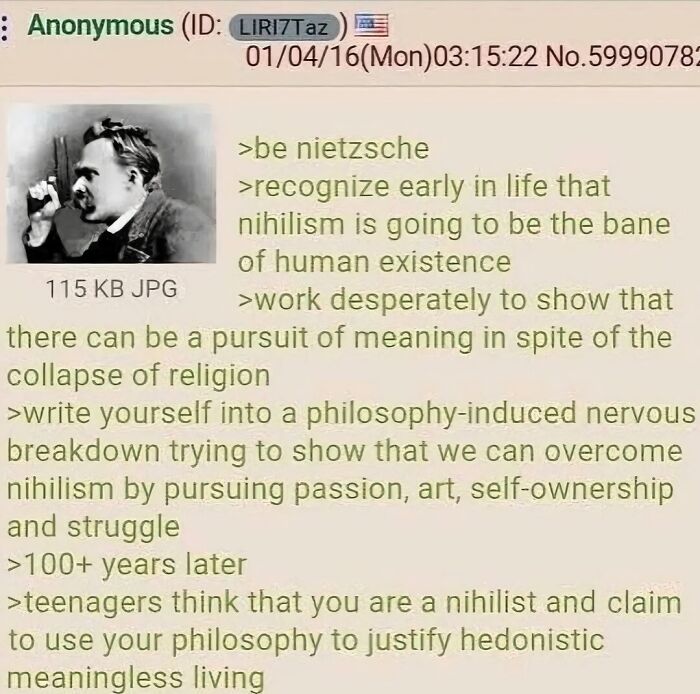 Philosophy meme highlighting Nietzsche's views on nihilism and its impact, with humorous commentary.