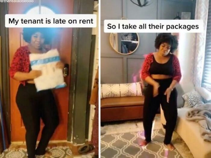 Woman holding a package humorously indicating her tenant is late on rent, showcasing a unique, unexpected scenario.