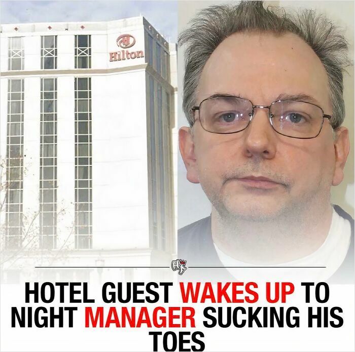 Hilton hotel exterior and unidentified man's face, related to an unusual incident involving a hotel manager.