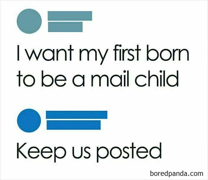 Text-based linguistic meme with humorous play on words about a "mail child."