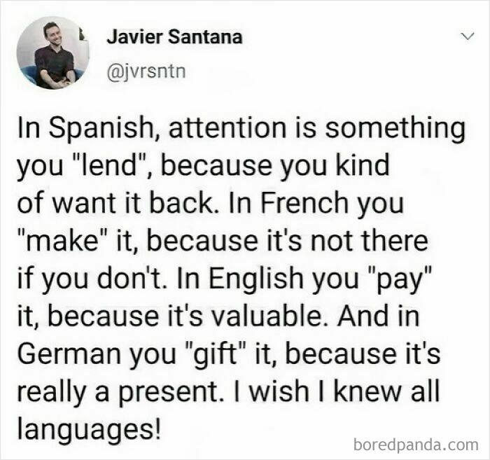 Linguistic meme explaining different ways to express "attention" in Spanish, French, English, and German.