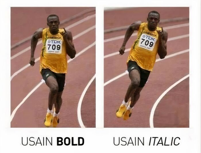 Linguistic meme featuring a runner labeled "Usain Bold" and "Usain Italic" on a track.