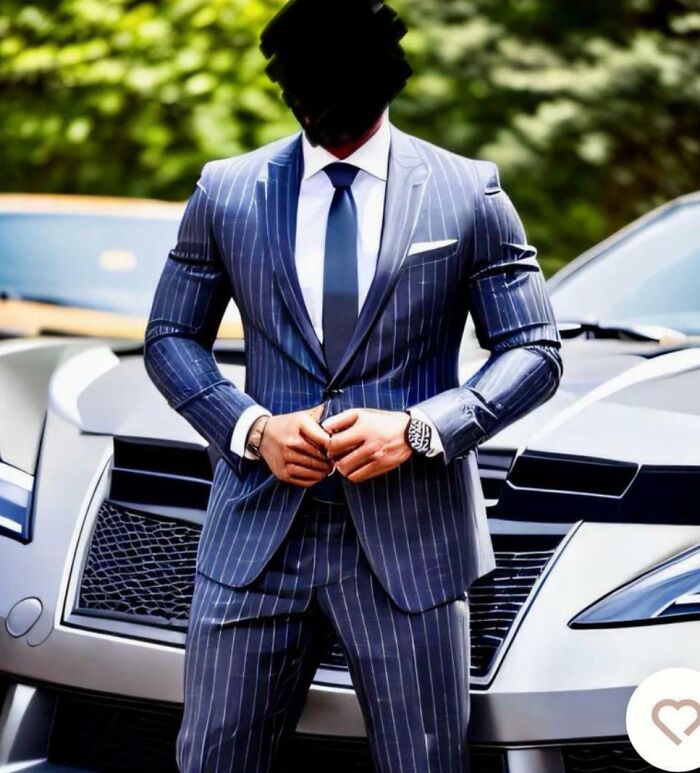 Man in pinstripe suit standing confidently by a luxury car, exuding chaotic energy.