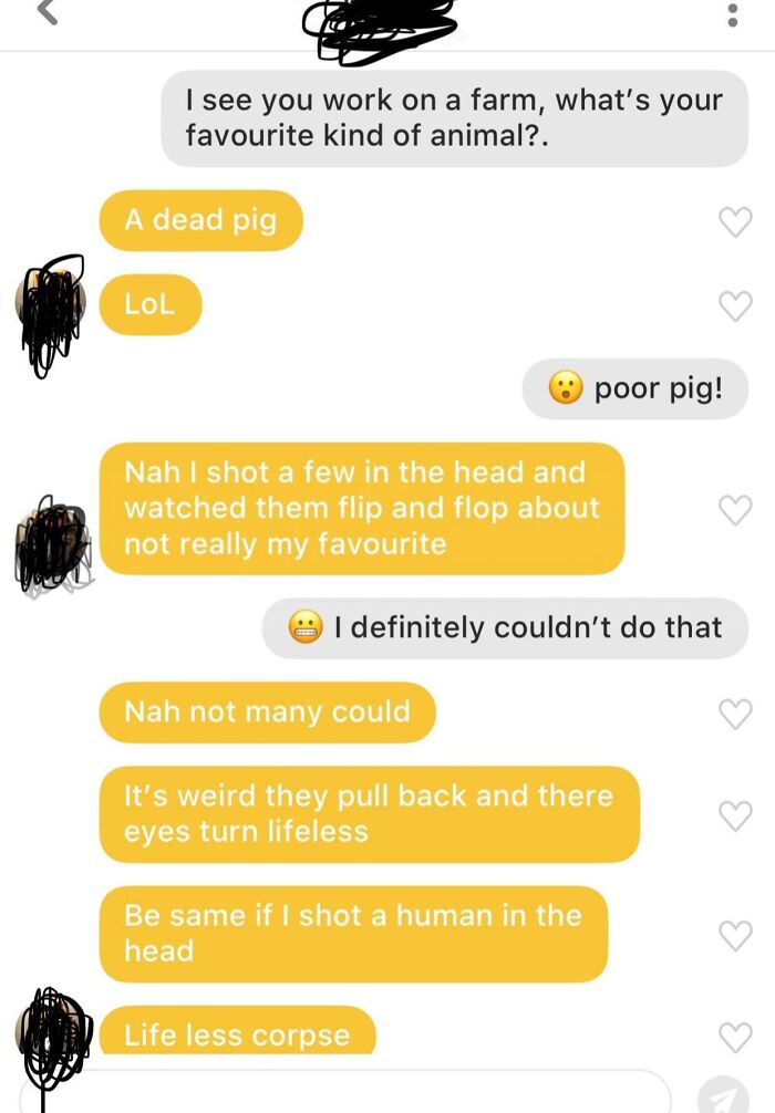 Chat showcasing unhinged dating app messages with a dark and chaotic conversation about animals.