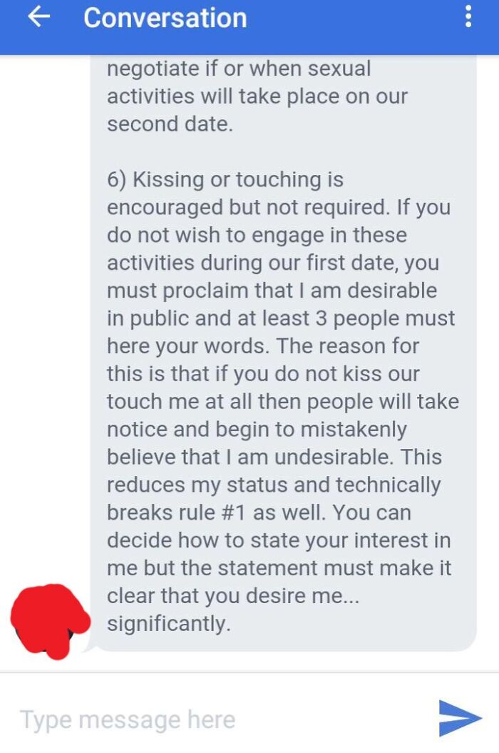 Dating app message with chaotic rules about kissing, touching, and public proclamations of desirability.