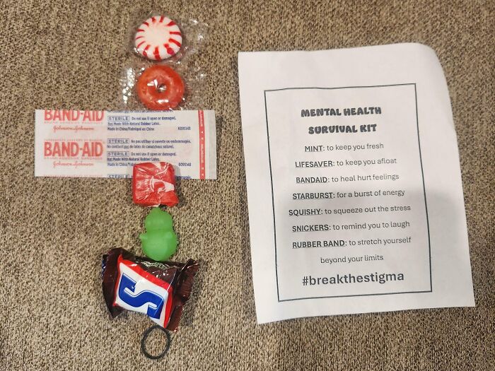 Infuriating company gifts bonuses: a mental health survival kit with candies and a note.