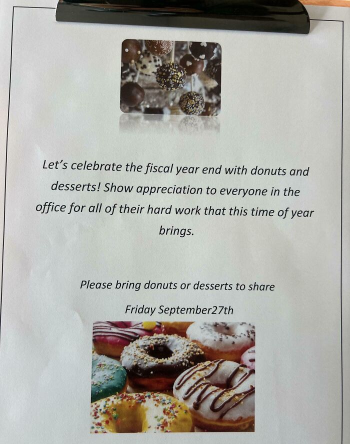 Office invitation for end-of-year celebration with desserts and donuts, related to infuriating company gifts bonuses.