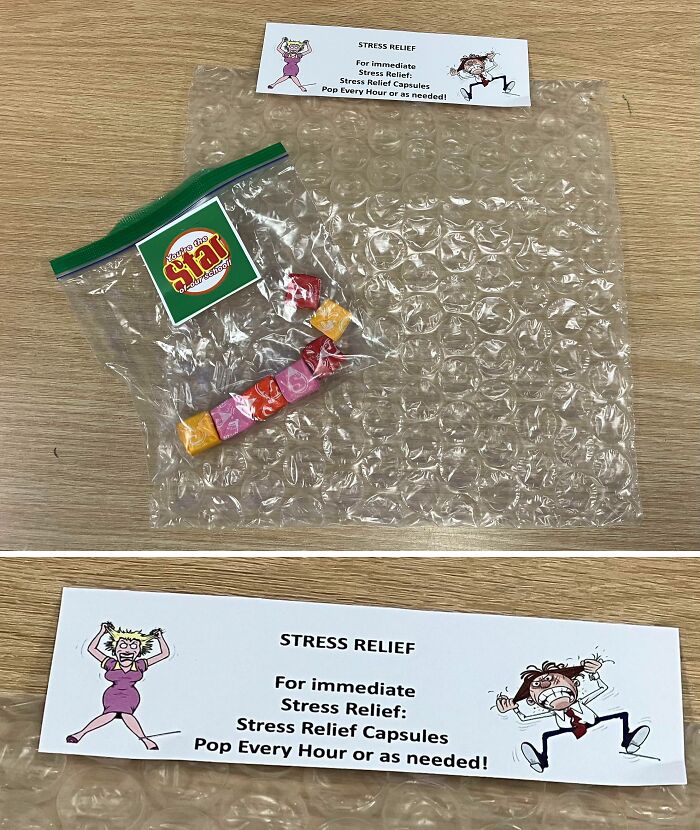 Bubble wrap and candy mock stress relief package, illustrating infuriating company gifts and bonuses.