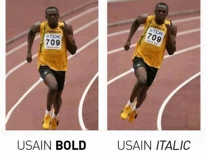 Linguistic meme featuring a runner labeled "Usain Bold" and "Usain Italic" on a track.