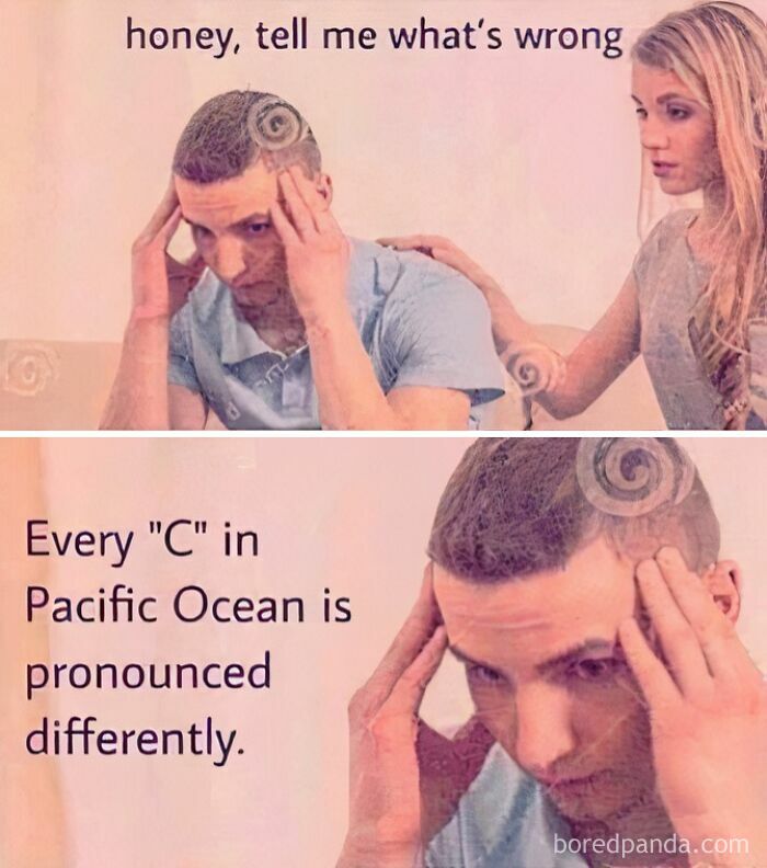 Man in blue shirt looks stressed under text about linguistic meme on "Pacific Ocean" pronunciation differences.