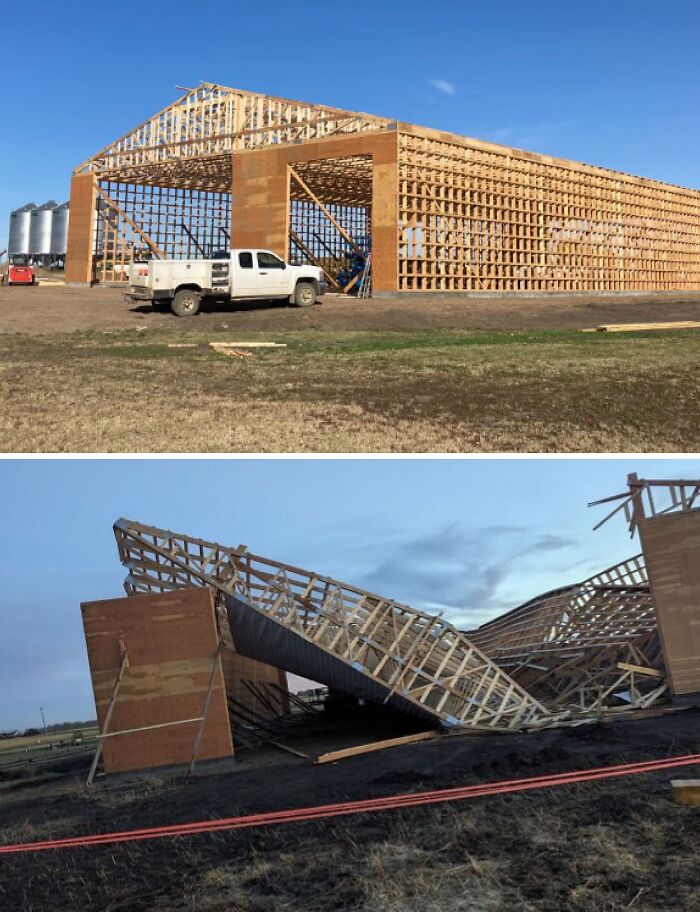 Partially collapsed barn structure, suggesting an expensive incident with significant damage.