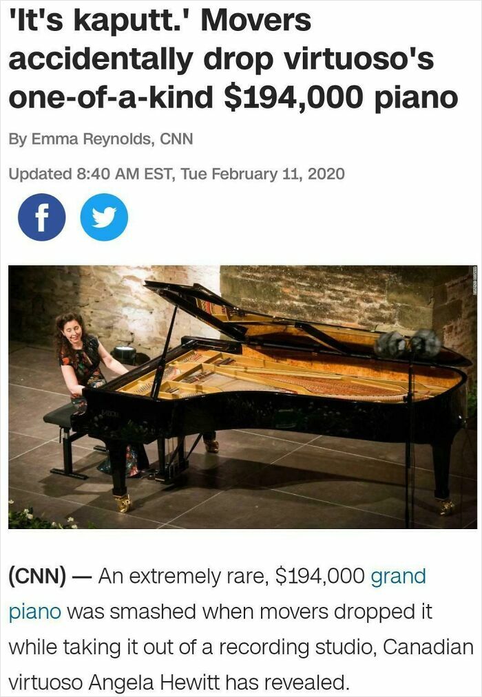 $194,000 grand piano damaged by movers; incident seemed expensive and unfortunate.