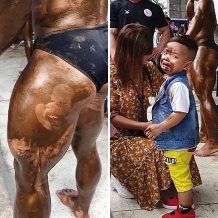 Bizarre photo of a bodybuilder with smudged tan and a child crying nearby, capturing an eclectic Instagram moment.