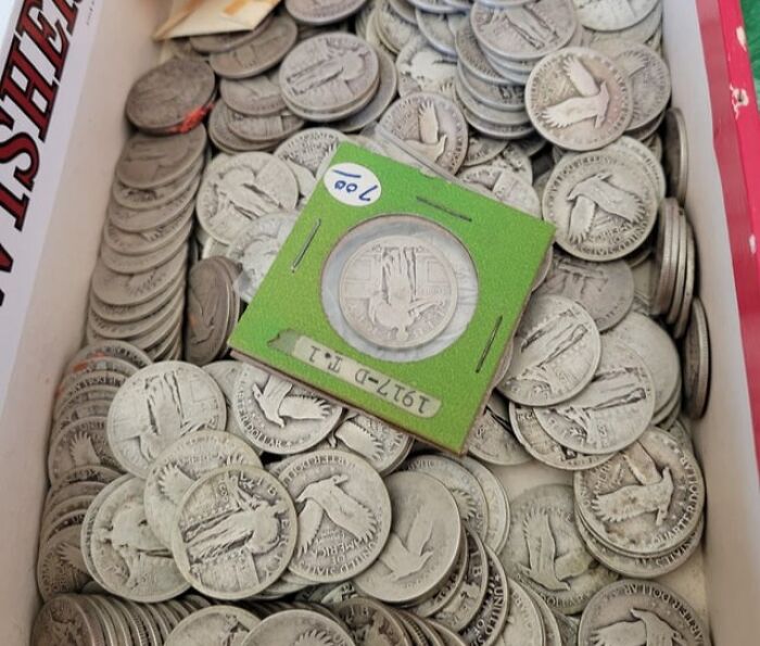 Coins from various times in a collection box, featuring a highlighted coin in a green holder, perfect for numismatists.