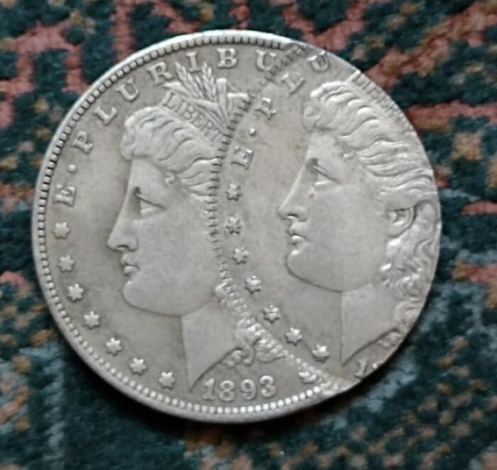 "Rare coin from 1893 with double face design, appealing to numismatists."